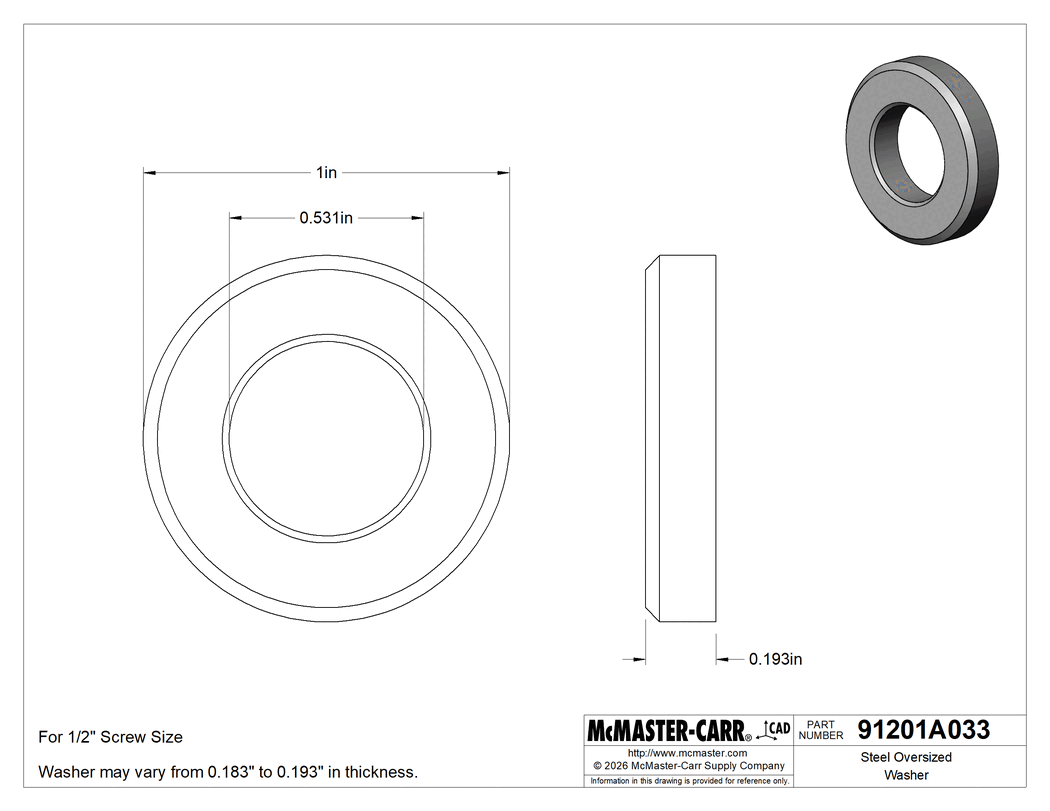 Technical Drawing of Steel Oversized Washer, for 1/2" Screw Size, 0.531" ID, 1.000" OD.